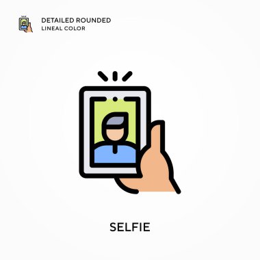 Selfie ayrıntılı yuvarlak çizgisel renk. Modern vektör illüstrasyon kavramları. Düzenlemesi ve kişiselleştirmesi kolay.