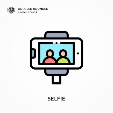 Selfie ayrıntılı yuvarlak çizgisel renk. Modern vektör illüstrasyon kavramları. Düzenlemesi ve kişiselleştirmesi kolay.