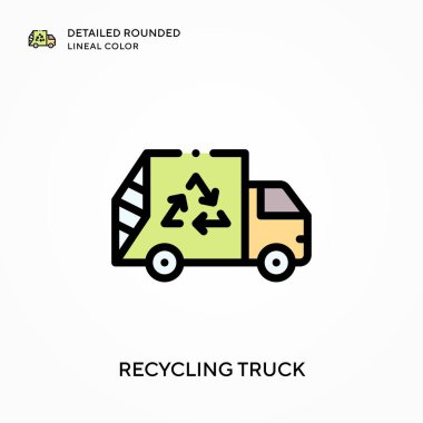 Geri dönüşüm kamyonu ayrıntılı yuvarlak çizgisel renk. Modern vektör illüstrasyon kavramları. Düzenlemesi ve kişiselleştirmesi kolay.