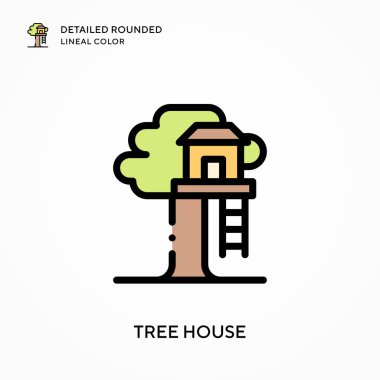Ağaç evi yuvarlak çizgisel renkler içeriyor. Modern vektör illüstrasyon kavramları. Düzenlemesi ve kişiselleştirmesi kolay.