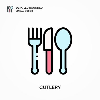 Çatal bıçak takımı yuvarlak çizgi rengini detaylandırdı. Modern vektör illüstrasyon kavramları. Düzenlemesi ve kişiselleştirmesi kolay.
