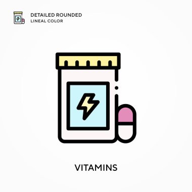 Vitaminler ayrıntılı yuvarlak çizgisel renk. Modern vektör illüstrasyon kavramları. Düzenlemesi ve kişiselleştirmesi kolay.