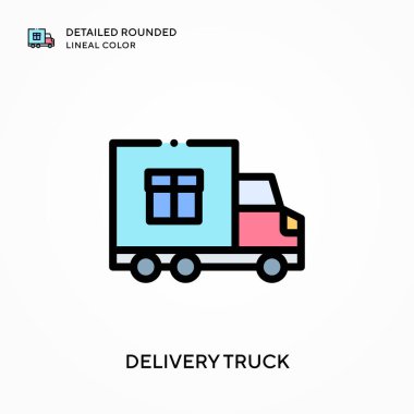 Teslimat kamyonu yuvarlak renkte. Modern vektör illüstrasyon kavramları. Düzenlemesi ve kişiselleştirmesi kolay.