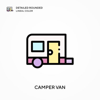 Kamp minibüsü yuvarlak çizgi rengini detaylandırmış. Modern vektör illüstrasyon kavramları. Düzenlemesi ve kişiselleştirmesi kolay.