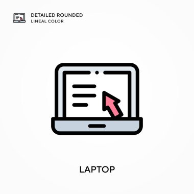 Laptop ayrıntılı yuvarlak doğrusal renk. Modern vektör illüstrasyon kavramları. Düzenlemesi ve kişiselleştirmesi kolay.