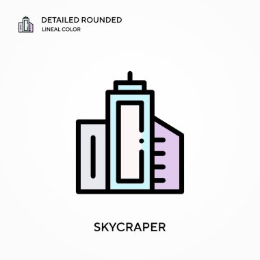 Skycraper ayrıntılı yuvarlak doğrusal renk vektör simgesi. Web mobil UI ögesi için resimleme sembolü tasarım şablonu. Düzenlenebilir vuruşlarda mükemmel renk modern piktogram. İş projeniz için Skycraper simgeleri