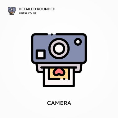 Kamera detaylı yuvarlak doğrusal renk vektör simgesi. Web mobil UI ögesi için resimleme sembolü tasarım şablonu. Düzenlenebilir vuruşlarda mükemmel renk modern piktogram. İş projeniz için kamera simgeleri