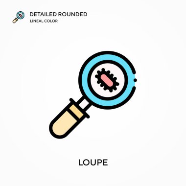 Loupe detaylı yuvarlak doğrusal renk vektör ikonu. Web mobil UI ögesi için resimleme sembolü tasarım şablonu. Düzenlenebilir vuruşlarda mükemmel renk modern piktogram. İş projeniz için Loupe simgeleri