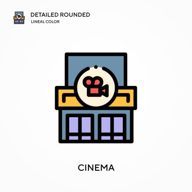 Sinema yuvarlak doğrusal renk vektör simgesini detaylı olarak açıklamıştır. Web mobil UI ögesi için resimleme sembolü tasarım şablonu. Düzenlenebilir vuruşlarda mükemmel renk modern piktogram. İş projeniz için sinema simgeleri