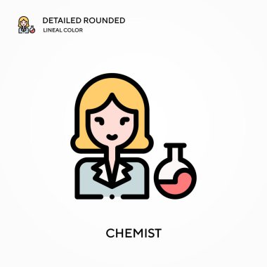 Kimyager yuvarlak doğrusal renk vektör simgesini detaylı olarak açıkladı. Web mobil UI ögesi için resimleme sembolü tasarım şablonu. Düzenlenebilir vuruşlarda mükemmel renk modern piktogram. İş projeniz için kimya simgeleri
