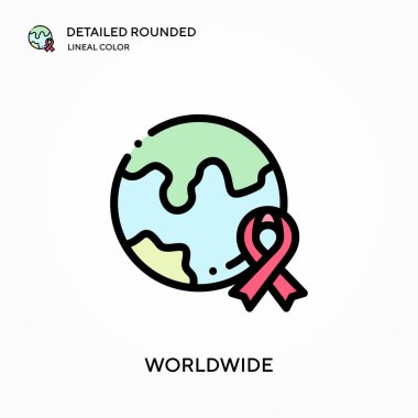 Dünya çapında detaylı yuvarlak doğrusal renk vektörü simgesi. Web mobil UI ögesi için resimleme sembolü tasarım şablonu. Düzenlenebilir vuruşlarda mükemmel renk modern piktogram. İş projeniz için dünya çapında simgeler