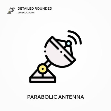 Parabolik anten yuvarlak doğrusal renk vektör simgesini detaylı olarak açıkladı. Web mobil UI ögesi için resimleme sembolü tasarım şablonu. Düzenlenebilir vuruşlarda mükemmel renk modern piktogram. İş projeniz için parabolik anten simgeleri