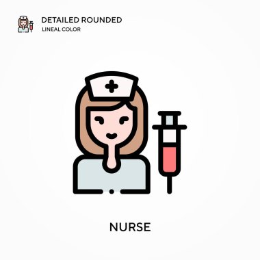 Hemşire yuvarlak doğrusal renk vektör simgesini detaylı olarak açıkladı. Web mobil UI ögesi için resimleme sembolü tasarım şablonu. Düzenlenebilir vuruşlarda mükemmel renk modern piktogram. İş projeniz için hemşire simgeleri
