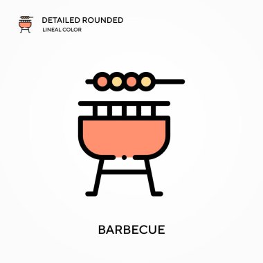 Barbekü detaylı yuvarlak doğrusal renk vektör ikonu. Web mobil UI ögesi için resimleme sembolü tasarım şablonu. Düzenlenebilir vuruşlarda mükemmel renk modern piktogram. İş projeniz için barbekü simgeleri