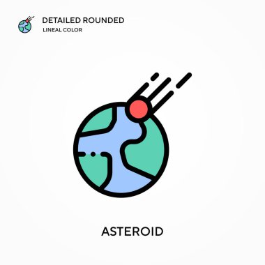 Asteroid detaylı yuvarlak doğrusal renk vektör ikonu. Web mobil UI ögesi için resimleme sembolü tasarım şablonu. Düzenlenebilir vuruşlarda mükemmel renk modern piktogram. İş projeniz için göktaşı simgeleri