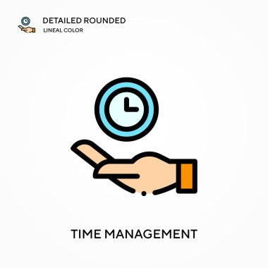 Zaman yönetimi yuvarlak doğrusal renk vektörü simgesini detaylı olarak açıkladı. Web mobil UI ögesi için resimleme sembolü tasarım şablonu. Düzenlenebilir vuruşlarda mükemmel renk modern piktogram. İş projeniz için zaman yönetimi simgeleri