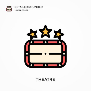 Tiyatro yuvarlak doğrusal renk vektör simgesini detaylı olarak açıkladı. Web mobil UI ögesi için resimleme sembolü tasarım şablonu. Düzenlenebilir vuruşlarda mükemmel renk modern piktogram. İş projeniz için tiyatro simgeleri