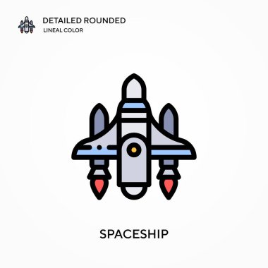 Uzay gemisi ayrıntılı yuvarlak doğrusal renk vektör simgesi. Web mobil UI ögesi için resimleme sembolü tasarım şablonu. Düzenlenebilir vuruşlarda mükemmel renk modern piktogram. İş projeniz için uzay gemisi simgeleri