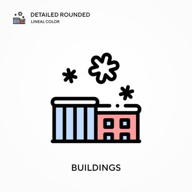 Binalar yuvarlak lineal renk vektör simgesini detaylandırdı. Web mobil UI ögesi için resimleme sembolü tasarım şablonu. Düzenlenebilir vuruşlarda mükemmel renk modern piktogram. İş projeniz için binalar simgeleri