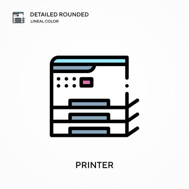 Yazıcı ayrıntılı yuvarlak doğrusal renk vektör simgesi. Web mobil UI ögesi için resimleme sembolü tasarım şablonu. Düzenlenebilir vuruşlarda mükemmel renk modern piktogram. İş projeniz için yazıcı simgeleri
