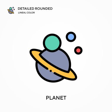 Gezegen detaylı yuvarlak doğrusal renk vektör simgesi. Web mobil UI ögesi için resimleme sembolü tasarım şablonu. Düzenlenebilir vuruşlarda mükemmel renk modern piktogram. İş projeniz için gezegen simgeleri