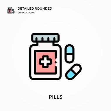 Haplar ayrıntılı yuvarlak doğrusal renk vektör ikonu. Web mobil UI ögesi için resimleme sembolü tasarım şablonu. Düzenlenebilir vuruşlarda mükemmel renk modern piktogram. İş projeniz için hap simgeleri