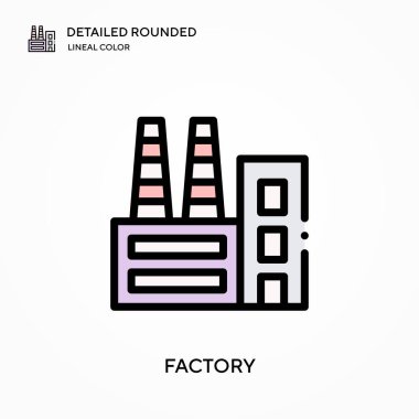 Fabrika detaylı yuvarlak doğrusal renk vektör ikonu. Web mobil UI ögesi için resimleme sembolü tasarım şablonu. Düzenlenebilir vuruşlarda mükemmel renk modern piktogram. İş projeniz için fabrika simgeleri