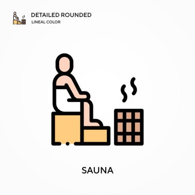 Sauna ayrıntılı yuvarlak doğrusal renk vektör simgesi. Web mobil UI ögesi için resimleme sembolü tasarım şablonu. Düzenlenebilir vuruşlarda mükemmel renk modern piktogram. İş projeniz için sauna simgeleri