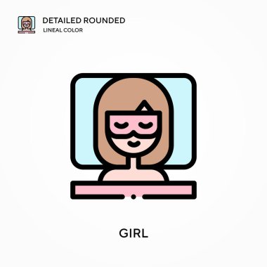 Kız yuvarlak doğrusal renk vektör simgesini detaylandırdı. Web mobil UI ögesi için resimleme sembolü tasarım şablonu. Düzenlenebilir vuruşlarda mükemmel renk modern piktogram. İş projeniz için kız simgeleri