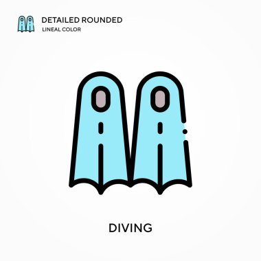 Ayrıntılı yuvarlak doğrusal renk vektör ikonu daldırılıyor. Web mobil UI ögesi için resimleme sembolü tasarım şablonu. Düzenlenebilir vuruşlarda mükemmel renk modern piktogram. İş projeniz için dalış simgeleri
