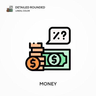 Para ayrıntılı yuvarlak doğrusal renk vektör simgesi. Web mobil UI ögesi için resimleme sembolü tasarım şablonu. Düzenlenebilir vuruşlarda mükemmel renk modern piktogram. İş projeniz için para simgeleri