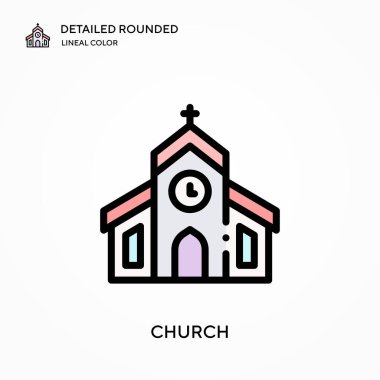 Kilise yuvarlak doğrusal renk vektör simgesini detaylı olarak açıkladı. Web mobil UI ögesi için resimleme sembolü tasarım şablonu. Düzenlenebilir vuruşlarda mükemmel renk modern piktogram. İş projeniz için kilise simgeleri