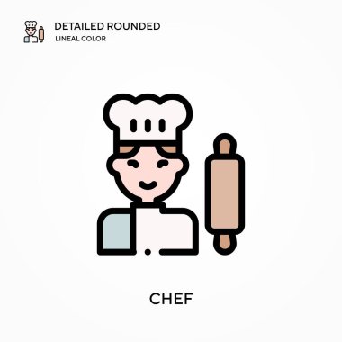 Şef ayrıntılı yuvarlak doğrusal renk vektör simgesi. Web mobil UI ögesi için resimleme sembolü tasarım şablonu. Düzenlenebilir vuruşlarda mükemmel renk modern piktogram. İş projeniz için aşçı simgeleri