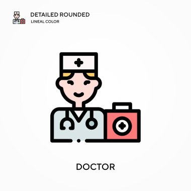 Doktor ayrıntılı yuvarlak doğrusal renk vektör ikonu. Web mobil UI ögesi için resimleme sembolü tasarım şablonu. Düzenlenebilir vuruşlarda mükemmel renk modern piktogram. İş projeniz için doktor simgeleri