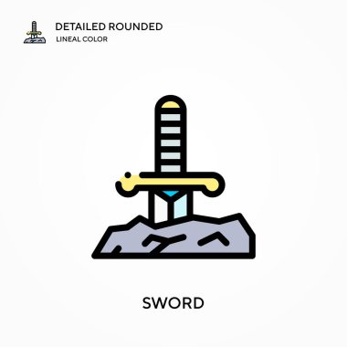 Kılıç ayrıntılı yuvarlak doğrusal renk vektör simgesi. Web mobil UI ögesi için resimleme sembolü tasarım şablonu. Düzenlenebilir vuruşlarda mükemmel renk modern piktogram. İş projeniz için kılıç simgeleri