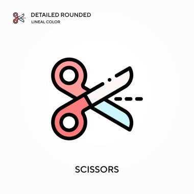 Makas detaylı yuvarlak doğrusal renk vektör simgesi. Web mobil UI ögesi için resimleme sembolü tasarım şablonu. Düzenlenebilir vuruşlarda mükemmel renk modern piktogram. İş projeniz için makas simgeleri