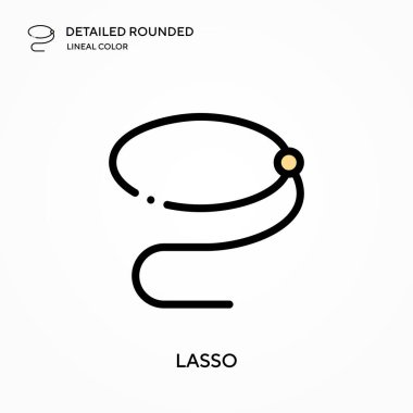 Lasso detaylı yuvarlak doğrusal renk vektör ikonu. Web mobil UI ögesi için resimleme sembolü tasarım şablonu. Düzenlenebilir vuruşlarda mükemmel renk modern piktogram. İş projeniz için kement simgeleri