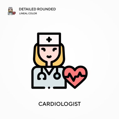 Kardiyolog yuvarlak doğrusal renk vektör simgesini detaylı olarak açıkladı. Web mobil UI ögesi için resimleme sembolü tasarım şablonu. Düzenlenebilir vuruşlarda mükemmel renk modern piktogram. İş projeniz için kardiyolog simgeleri