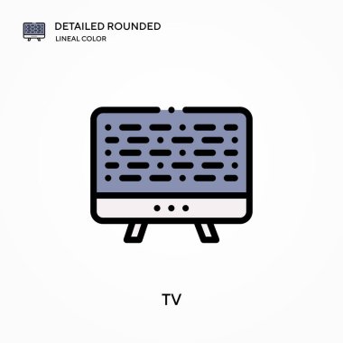 Tv ayrıntılı yuvarlak doğrusal renk vektör simgesi. Web mobil UI ögesi için resimleme sembolü tasarım şablonu. Düzenlenebilir vuruşlarda mükemmel renk modern piktogram. İş projeniz için TV simgeleri