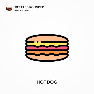Sosisli sandviç yuvarlak doğrusal renk vektör simgesini detaylı olarak açıklıyor. Web mobil UI ögesi için resimleme sembolü tasarım şablonu. Düzenlenebilir vuruşlarda mükemmel renk modern piktogram. İş projeniz için hot dog simgeleri