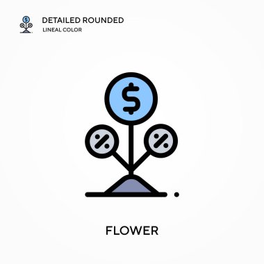 Çiçek detaylı yuvarlak doğrusal renk vektör simgesi. Web mobil UI ögesi için resimleme sembolü tasarım şablonu. Düzenlenebilir vuruşlarda mükemmel renk modern piktogram. İş projeniz için çiçek simgeleri