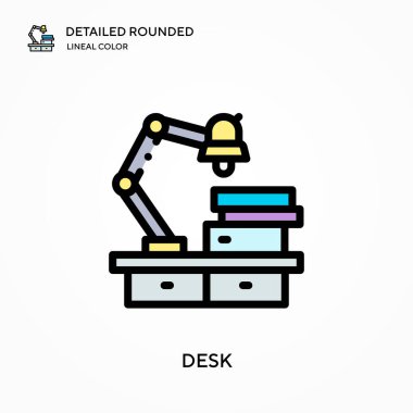 Masa ayrıntılı yuvarlak doğrusal renk vektör simgesi. Web mobil UI ögesi için resimleme sembolü tasarım şablonu. Düzenlenebilir vuruşlarda mükemmel renk modern piktogram. İş projeniz için masa simgeleri