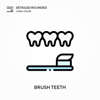 Fırça dişleri ayrıntılı yuvarlak doğrusal renk vektör ikonu. Web mobil UI ögesi için resimleme sembolü tasarım şablonu. Düzenlenebilir vuruşlarda mükemmel renk modern piktogram. İş projeniz için diş fırçalama simgeleri