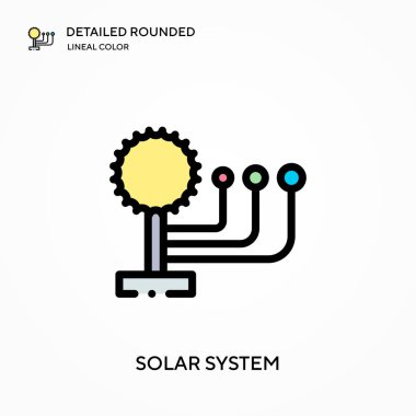 Güneş sistemi yuvarlak lineal renk vektörü simgesini detaylı olarak açıkladı. Web mobil UI ögesi için resimleme sembolü tasarım şablonu. Düzenlenebilir vuruşlarda mükemmel renk modern piktogram. İş projeniz için güneş sistemi simgeleri