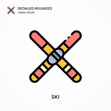 Kayak detaylı yuvarlak doğrusal renk vektörü simgesi. Web mobil UI ögesi için resimleme sembolü tasarım şablonu. Düzenlenebilir vuruşlarda mükemmel renk modern piktogram. İş projeniz için kayak simgeleri