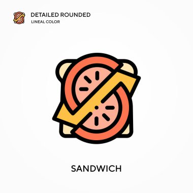 Sandviç ayrıntılı yuvarlak doğrusal renk vektör simgesi. Web mobil UI ögesi için resimleme sembolü tasarım şablonu. Düzenlenebilir vuruşlarda mükemmel renk modern piktogram. İş projeniz için sandviç simgeleri