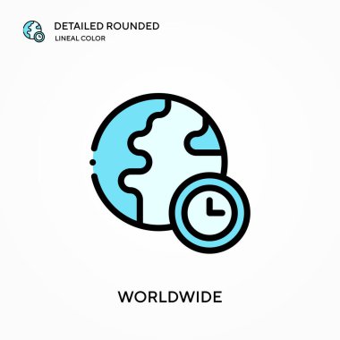 Dünya çapında detaylı yuvarlak doğrusal renk vektörü simgesi. Web mobil UI ögesi için resimleme sembolü tasarım şablonu. Düzenlenebilir vuruşlarda mükemmel renk modern piktogram. İş projeniz için dünya çapında simgeler