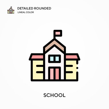 Okulun detaylı yuvarlak doğrusal renk vektör simgesi. Web mobil UI ögesi için resimleme sembolü tasarım şablonu. Düzenlenebilir vuruşlarda mükemmel renk modern piktogram. İş projeniz için okul simgeleri