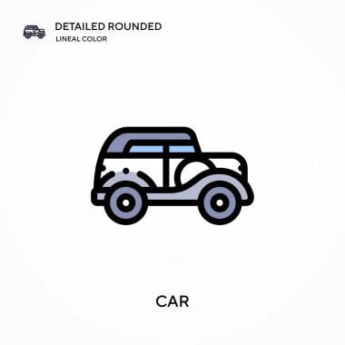 Araba detaylı yuvarlak doğrusal renk vektör ikonu. Web mobil UI ögesi için resimleme sembolü tasarım şablonu. Düzenlenebilir vuruşlarda mükemmel renk modern piktogram. İş projeniz için araç simgeleri