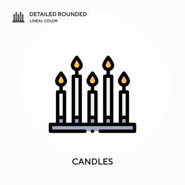 Mumlar ayrıntılı yuvarlak doğrusal renk vektör simgesi. Web mobil UI ögesi için resimleme sembolü tasarım şablonu. Düzenlenebilir vuruşlarda mükemmel renk modern piktogram. İş projeniz için mum simgeleri